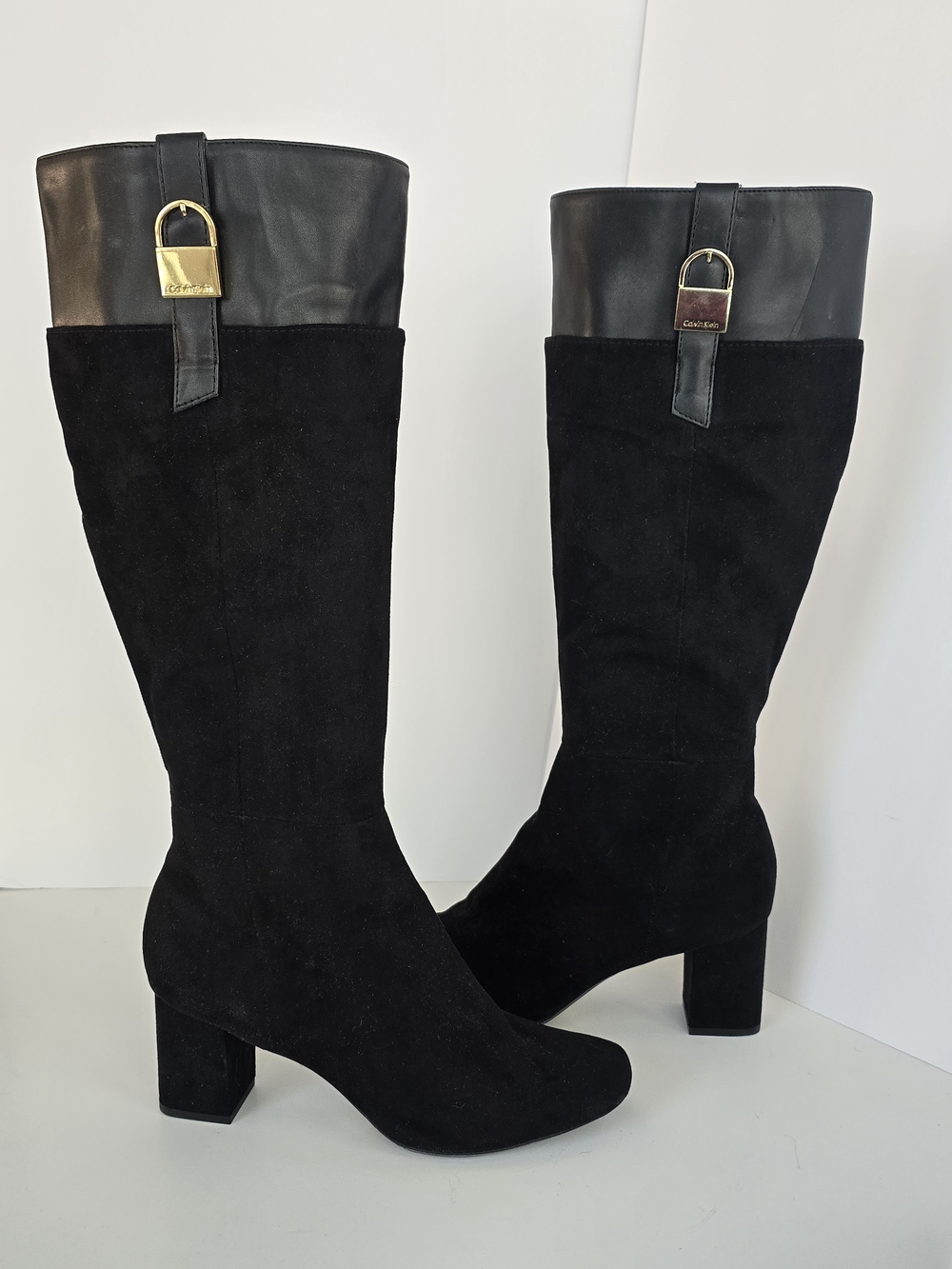 Calvin Klein Candace Black Knee-High Block Heel Boots with Gold Buckle